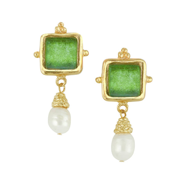 Gold/Green Glass + Pearl Earrings