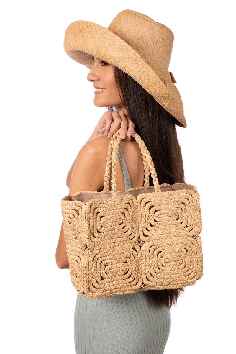 Gemma Two Tone Small Crochet Disc Rectangle Straw Basket Han: Denim & Dusk