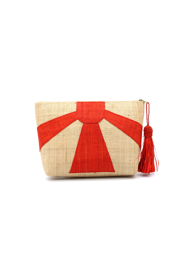 Sunburst Straw Clutch with Tassel Zipper: Coral