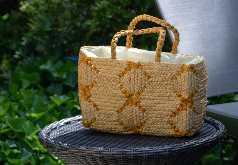 Gemma Two Tone Small Crochet Disc Rectangle Straw Basket Han: Natural & Black