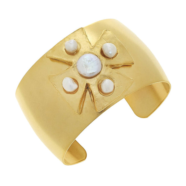 Gold Maltese Cross with Genuine Freshwater Pearl Cuff Bracelet