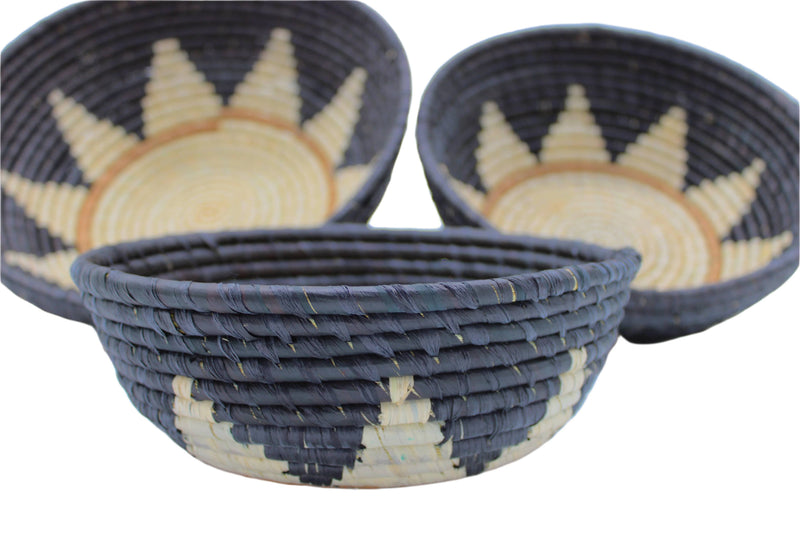 Amara Raffia Straw Basket- Set of 3 : Turquoise & Black Flower