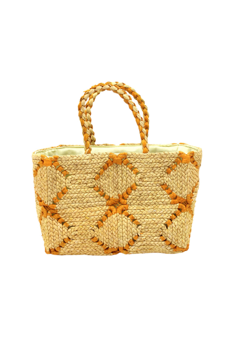 Gemma Two Tone Small Crochet Disc Rectangle Straw Basket Han: Saffron & Butter