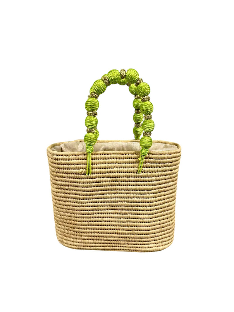 Handcrafted Raffia Bag with Green Beaded Handle: Medium
