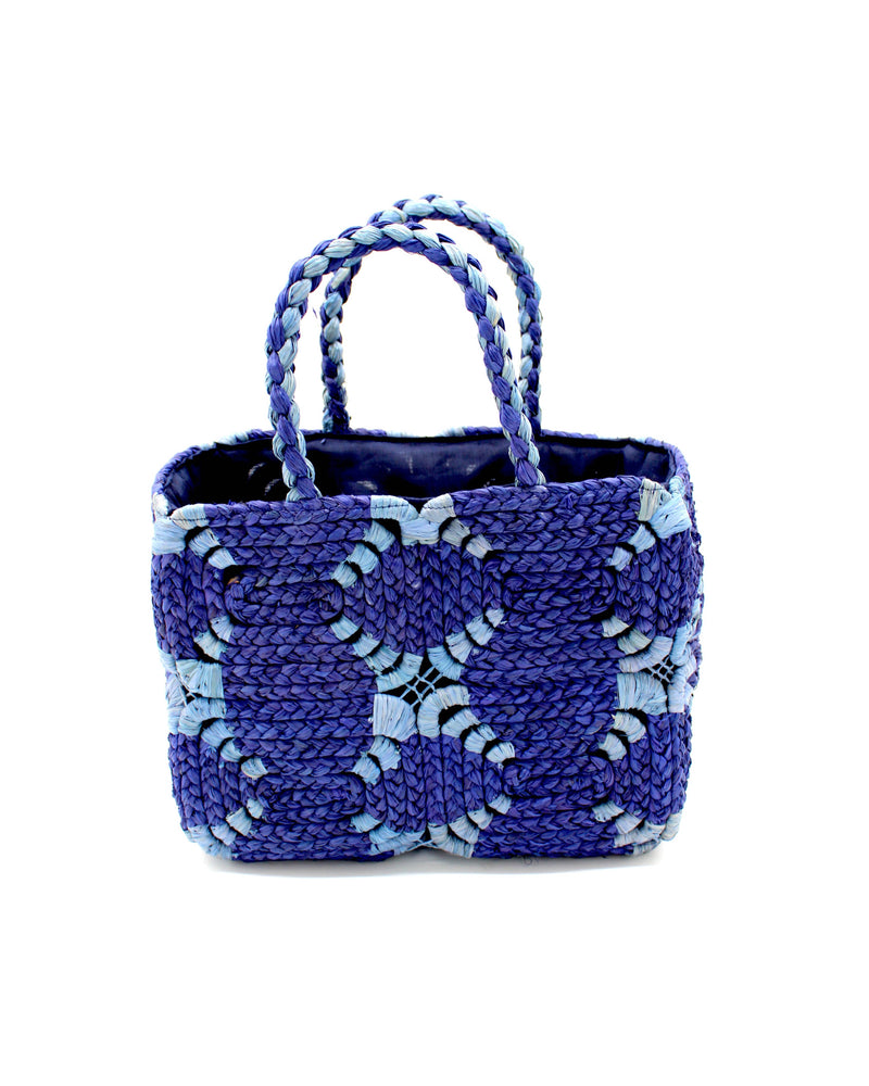 Gemma Two Tone Small Crochet Disc Rectangle Straw Basket Han: Natural & Black