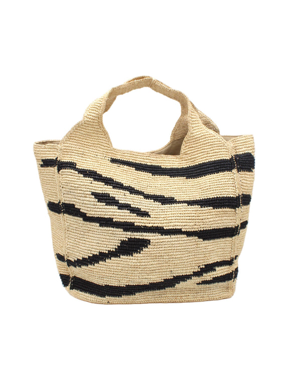 Mamie XL Crochet Straw Basket Handbag: Natural Zebra Stripe