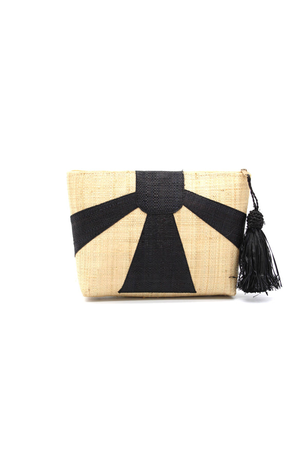 Sunburst Straw Clutch with Tassel Zipper: Black