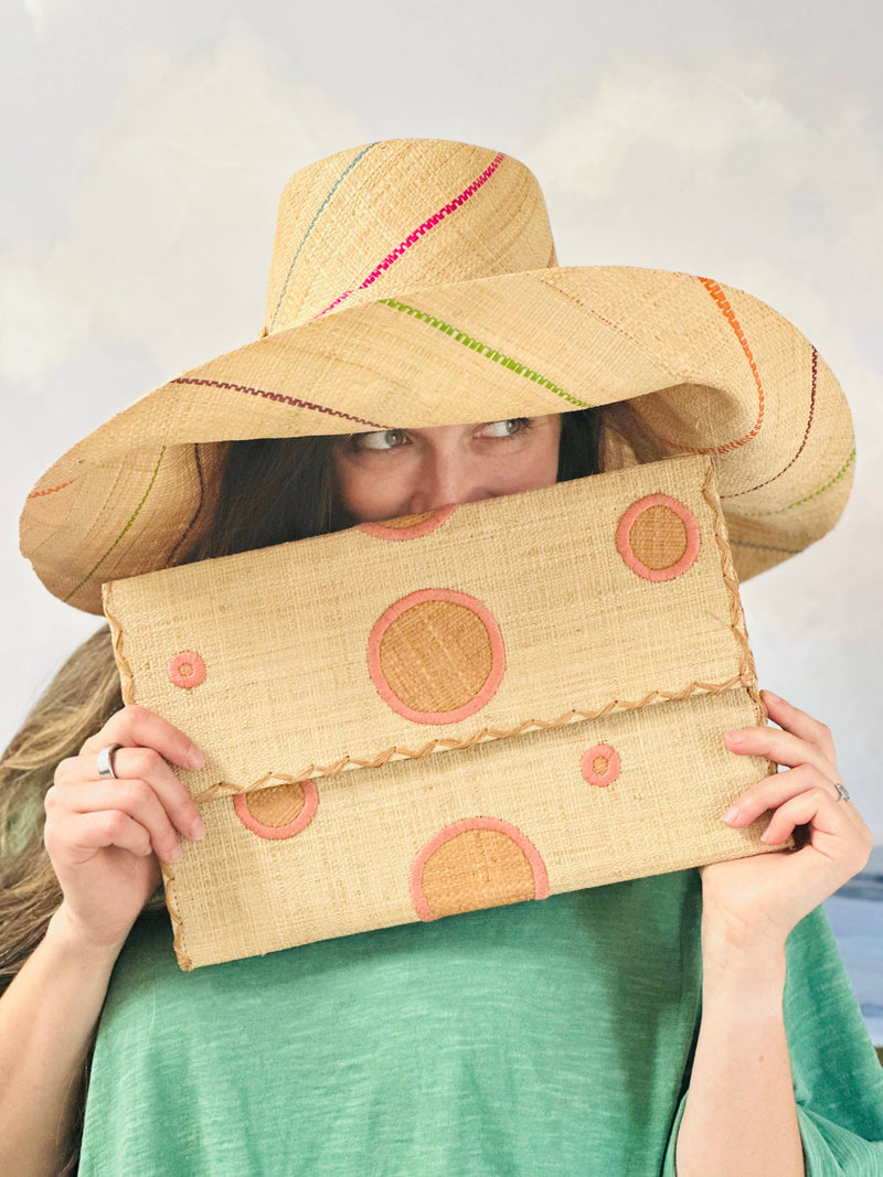 Capri Polka Dot Straw Envelope Clutch Purse: Tobacco