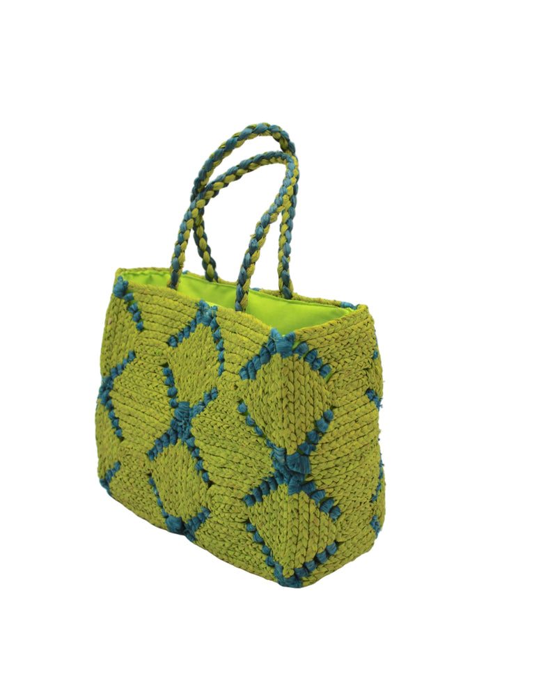 Gemma Two Tone Small Crochet Disc Rectangle Straw Basket Han: Midori & Turquoise