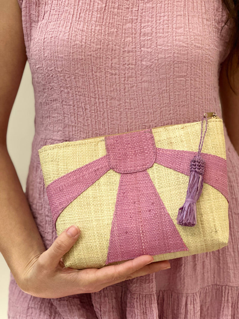 Sunburst Straw Clutch with Tassel Zipper: Saffron