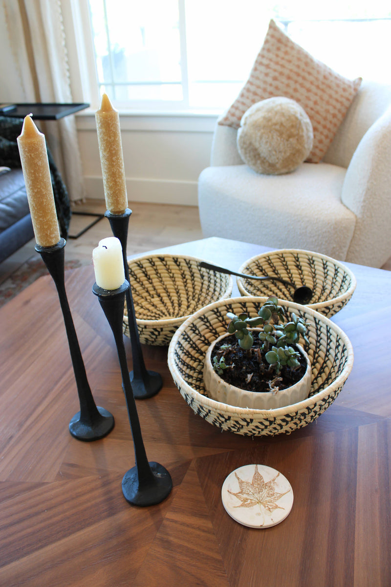 Amara Raffia Straw Basket- Set of 3 : Turquoise & Black Flower