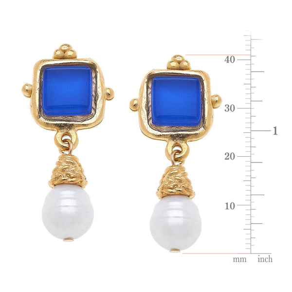 Charlotte Blue French Glass + Pearl Drop Earrings