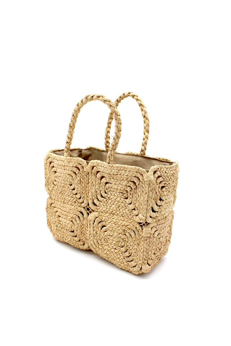 Gemma Two Tone Small Crochet Disc Rectangle Straw Basket Han: Natural & Black