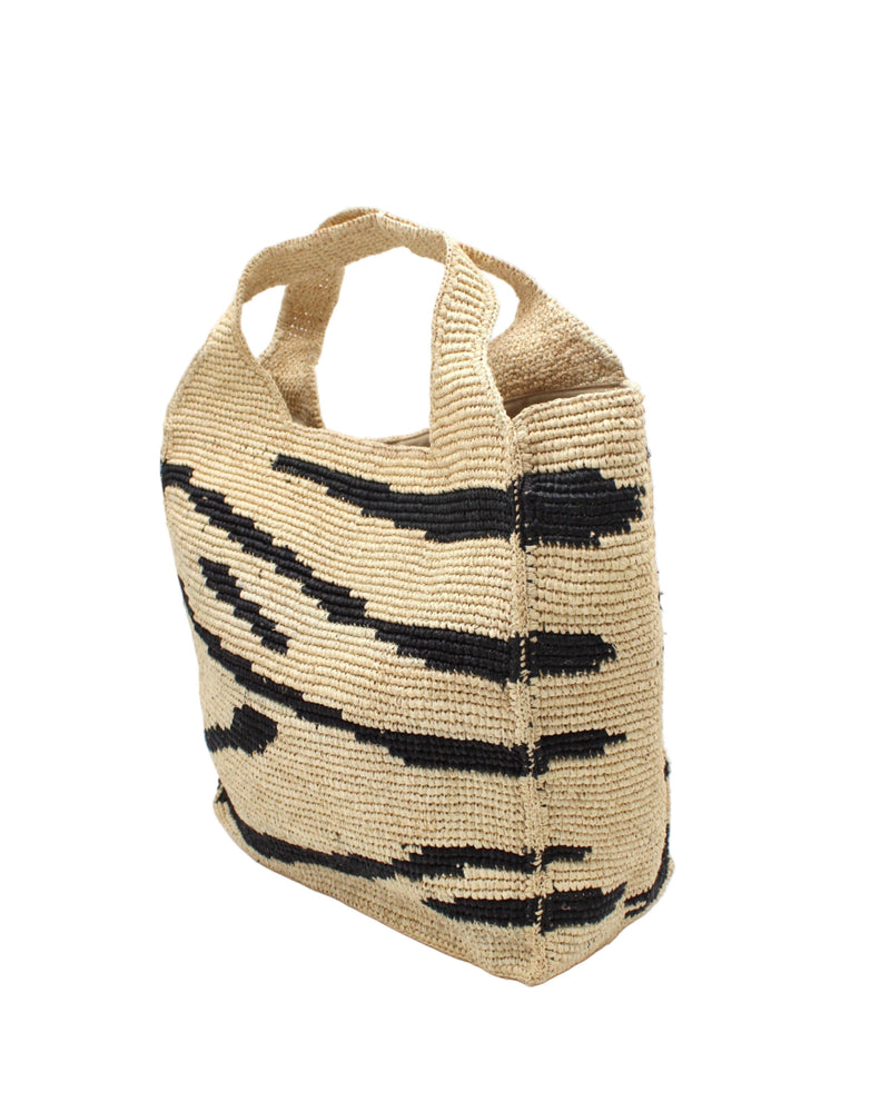 Mamie XL Crochet Straw Basket Handbag: Natural Zebra Stripe