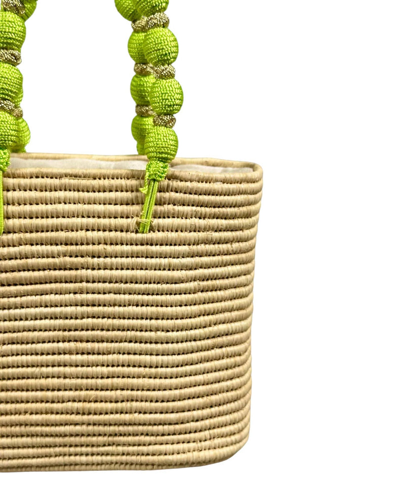 Handcrafted Raffia Bag with Green Beaded Handle: Medium