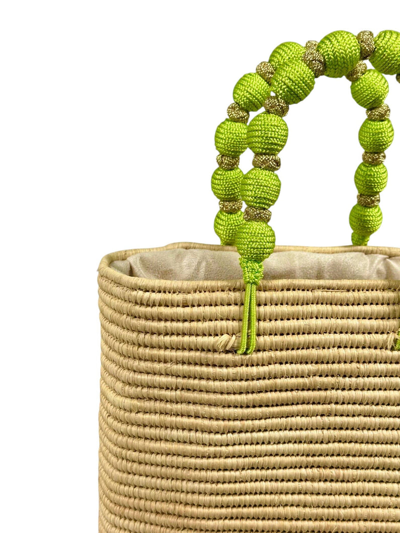 Handcrafted Raffia Bag with Green Beaded Handle: Medium