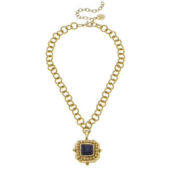 Gold Chain Necklace with Black Crystal Pendant