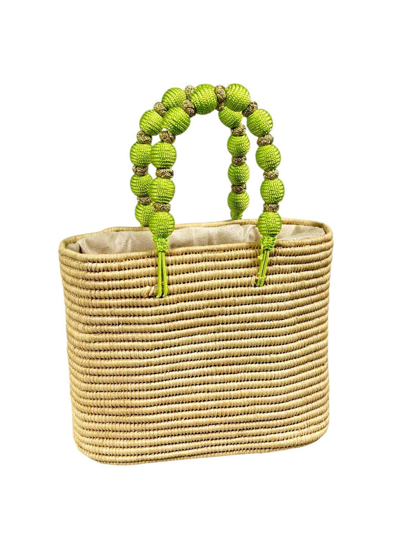 Handcrafted Raffia Bag with Green Beaded Handle: Medium