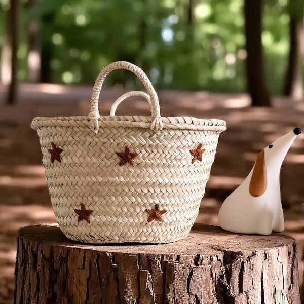 Star Embroidered Woven Basket with Handles: Brown / Solid / Small