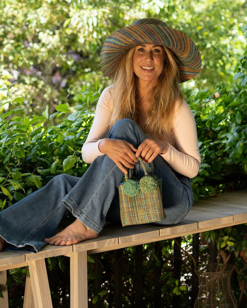 Schooner Straw Mini Bag with Pompom Accent: Izarra Swirl
