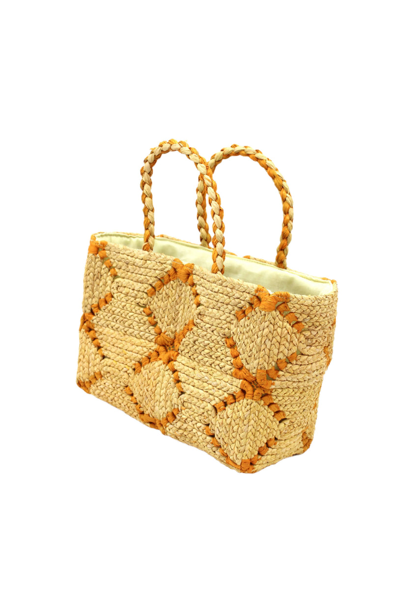 Gemma Two Tone Small Crochet Disc Rectangle Straw Basket Han: Butter & Saffron