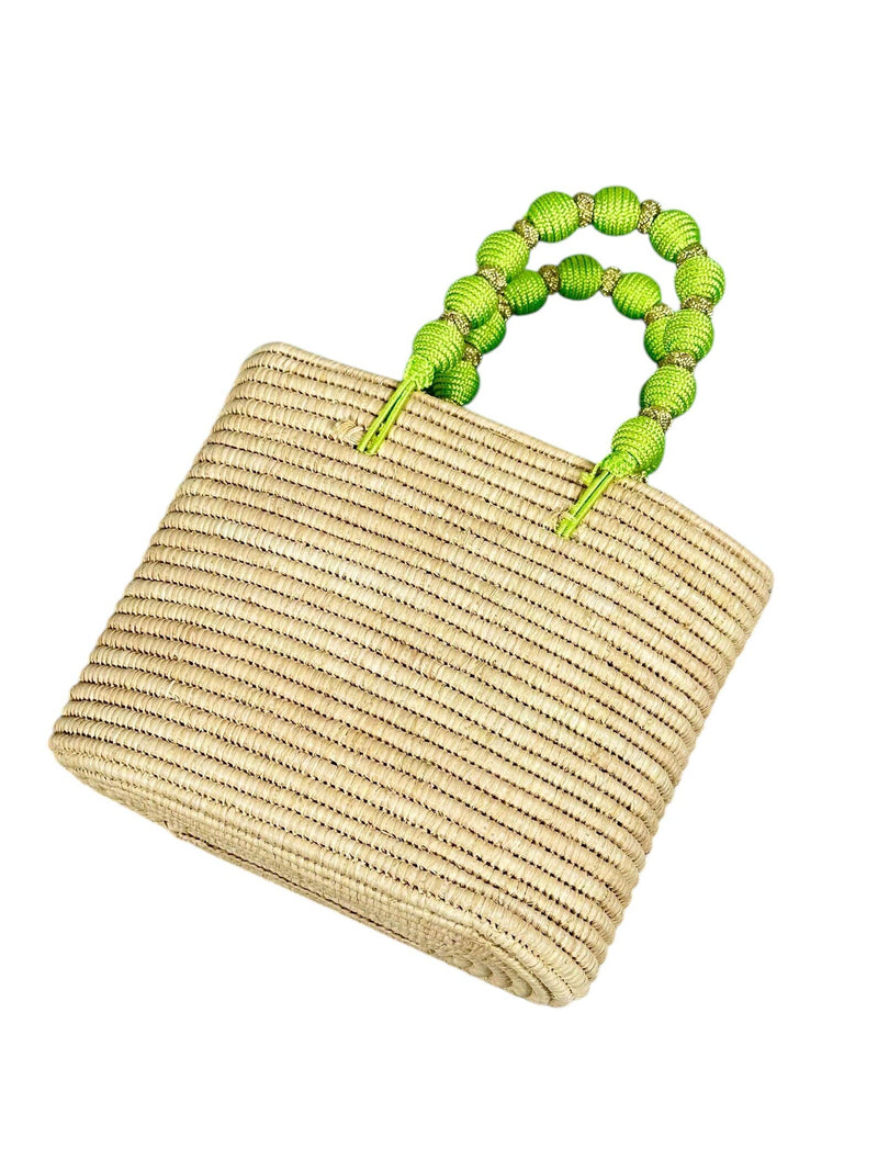 Handcrafted Raffia Bag with Green Beaded Handle: Medium