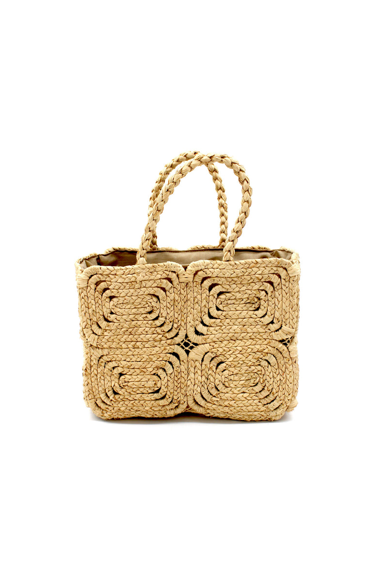 Gemma Two Tone Small Crochet Disc Rectangle Straw Basket Han: Fuchsia & Coral