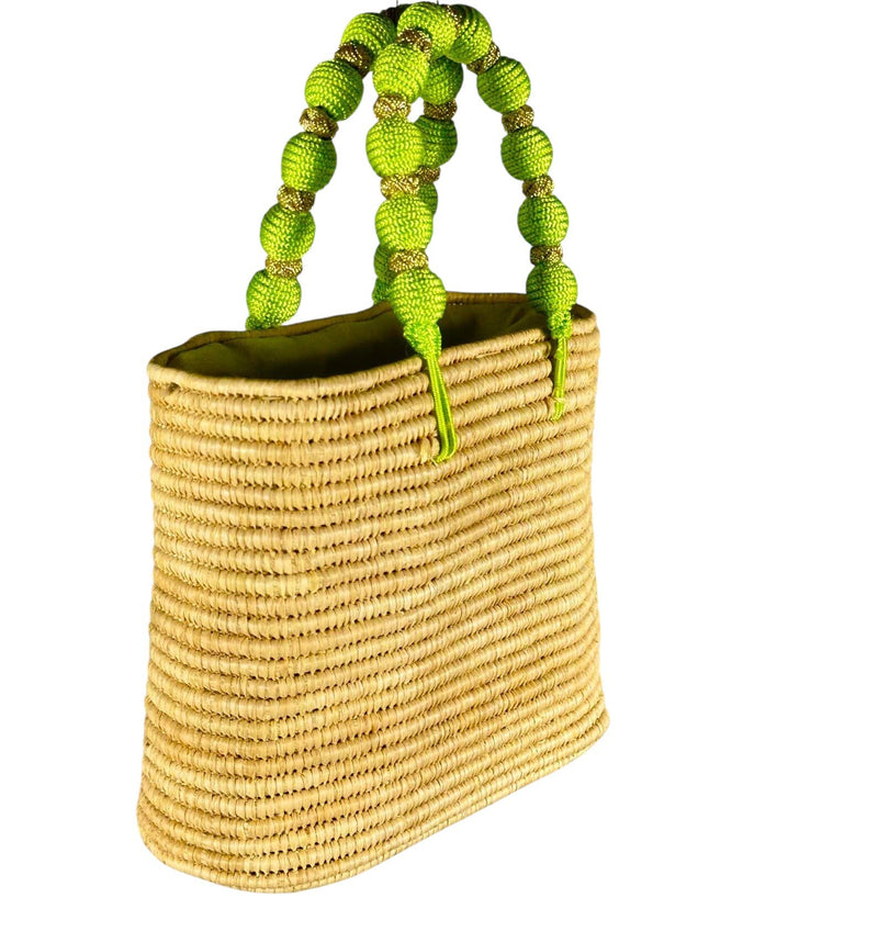 Handcrafted Raffia Bag with Green Beaded Handle: Medium