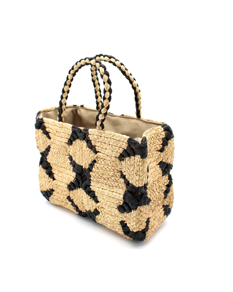 Gemma Two Tone Small Crochet Disc Rectangle Straw Basket Han: Denim & Dusk