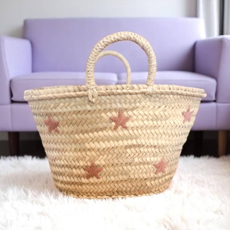 Star Embroidered Woven Basket with Handles: Brown / Solid / Medium