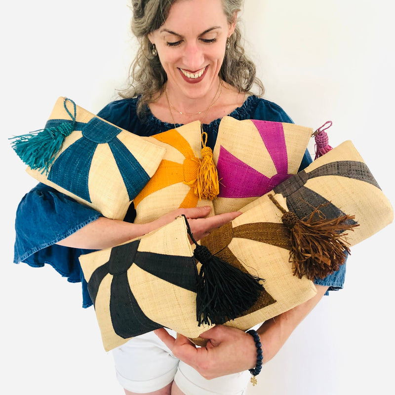 Sunburst Straw Clutch with Tassel Zipper: Saffron