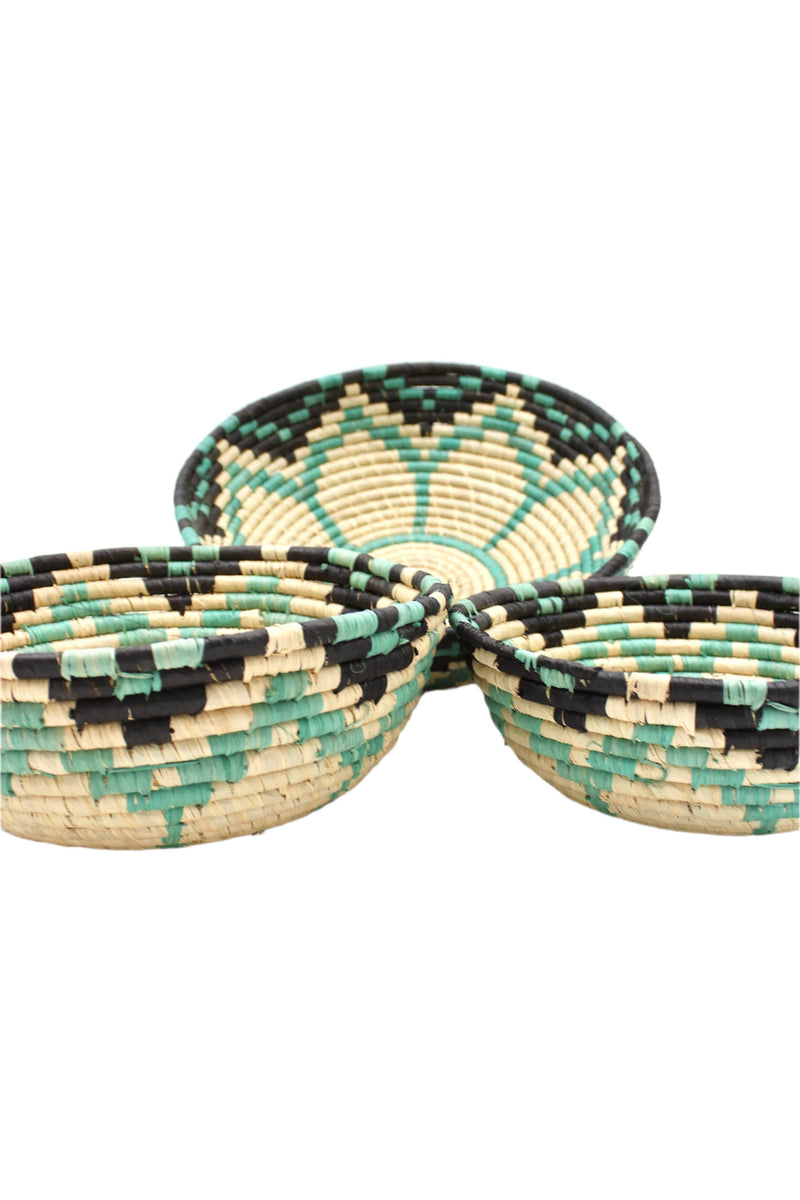 Amara Raffia Straw Basket- Set of 3 : Turquoise & Black Flower