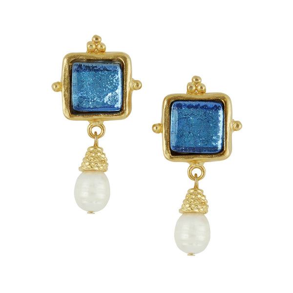 Gold/Blue Glass + Pearl Earrings