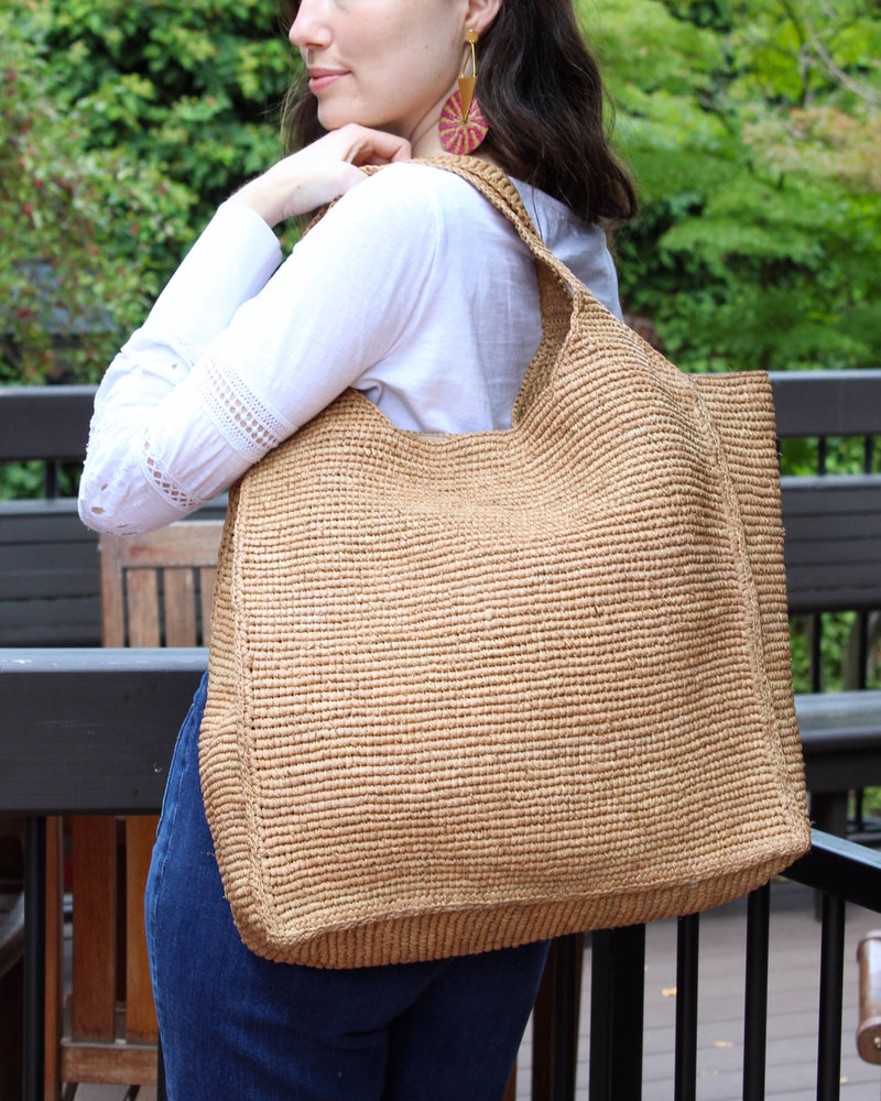Mamie XL Crochet Straw Basket Handbag: Natural Zebra Stripe