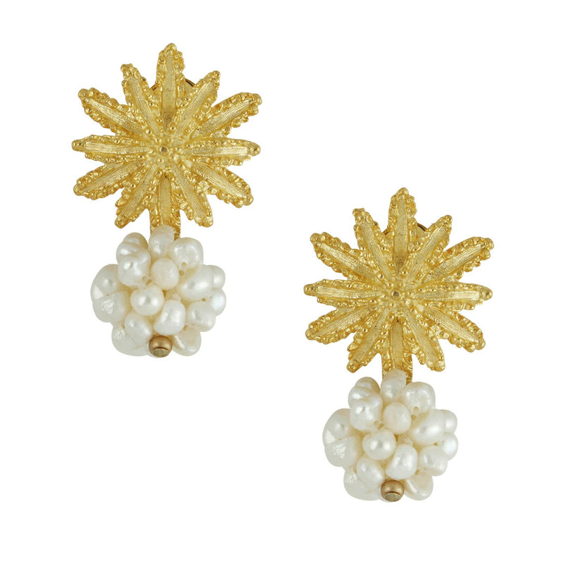 Gold Starburst + Pearl Cluster Earrings