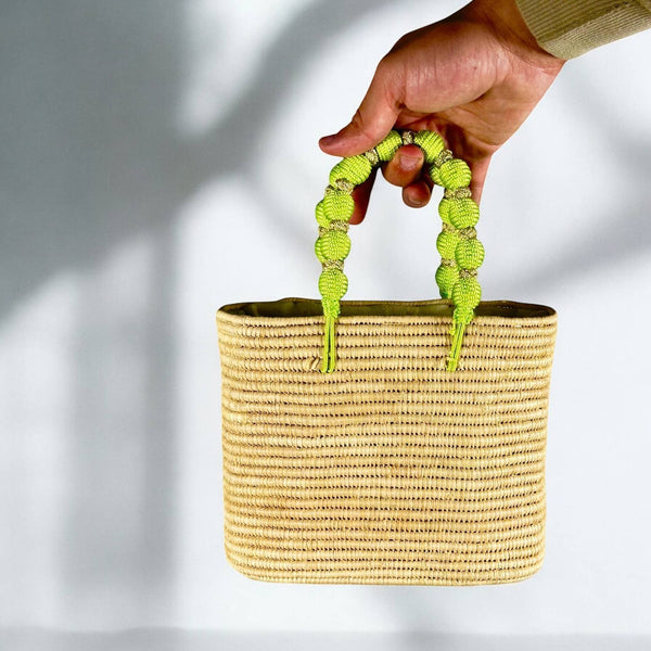 Handcrafted Raffia Bag with Green Beaded Handle: Medium