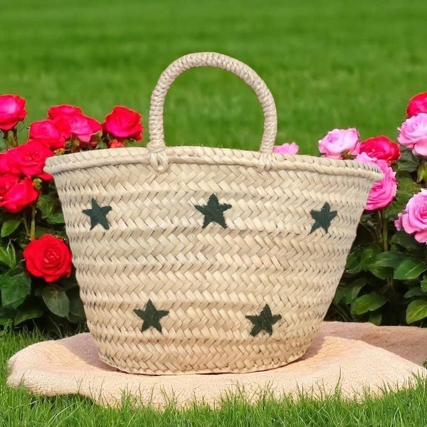 Star Embroidered Woven Basket with Handles: Brown / Solid / Medium