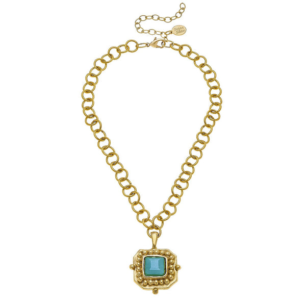 Gold Chain Necklace with Aqua Crystal Pendant
