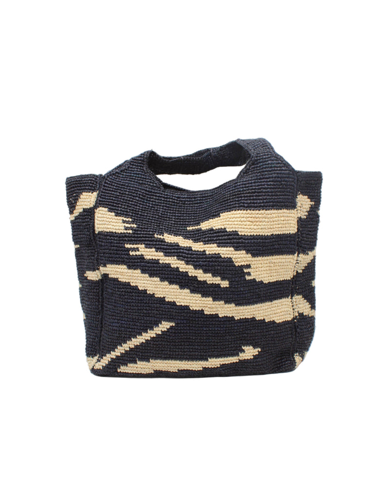 Mamie XL Crochet Straw Basket Handbag: Natural Zebra Stripe