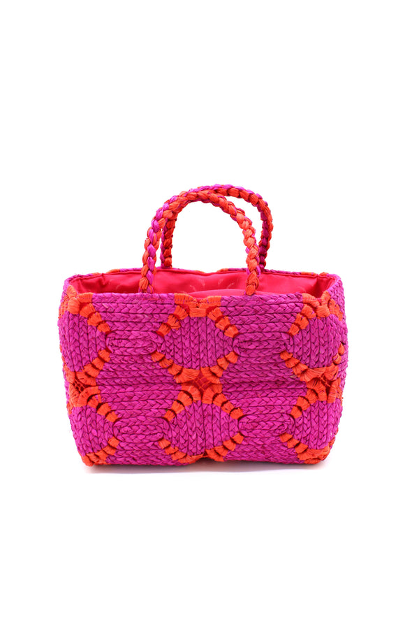 Gemma Two Tone Small Crochet Disc Rectangle Straw Basket Han: Fuchsia & Coral