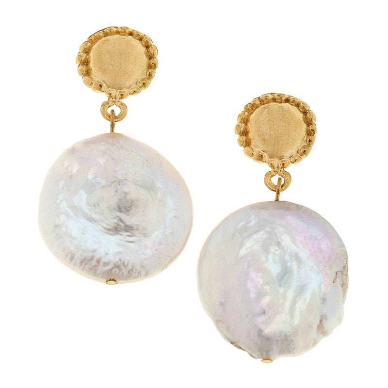 Gold Cab and Large 20mm Genuine Freshwater Coin Pearl Earrings